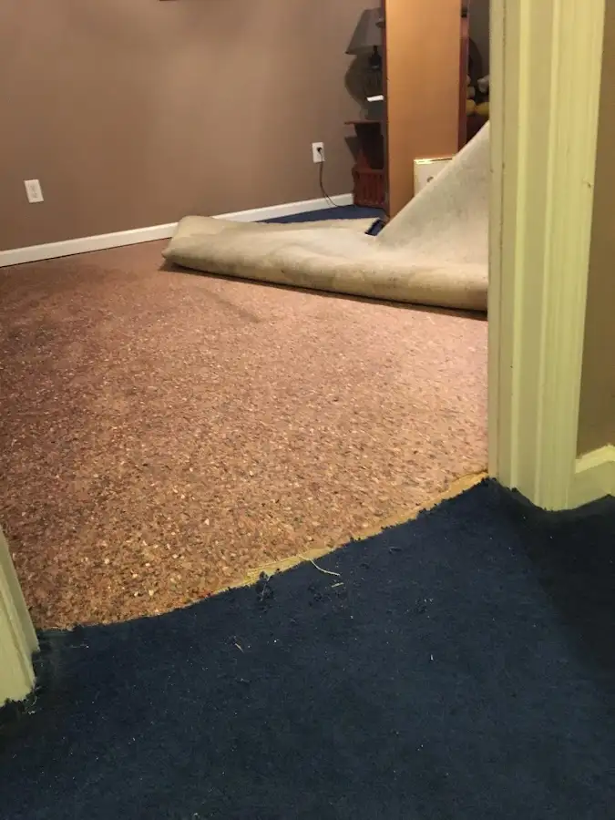Carpet pad removal revealing water damage during Water Mitigation Services in Hapeville